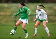 19 February 2025; Lia O'Leary of Republic of Ireland U19's in action against Melissa O'Kane of Republic of Ireland Women's Development Team, right, during a match between Repubic of Ireland Women's Development Team and Republic of Ireland Women's U19's at the FAI National Training Centre in Abbotstown, Dublin. Photo by Stephen McCarthy/Sportsfile