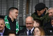 20 February 2025; Former Leinster and Ireland rugby international Jonathan Sexton, left, and Shelbourne manager Damien Duff in attendance during the UEFA Conference League knockout phase play-off second leg match between Shamrock Rovers and Molde at Tallaght Stadium in Dublin. Photo by Stephen McCarthy/Sportsfile