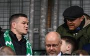 20 February 2025; Former Leinster and Ireland rugby international Jonathan Sexton, left, and Shelbourne manager Damien Duff in attendance during the UEFA Conference League knockout phase play-off second leg match between Shamrock Rovers and Molde at Tallaght Stadium in Dublin. Photo by Stephen McCarthy/Sportsfile