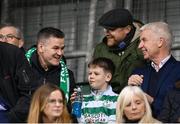 20 February 2025; Former Leinster and Ireland rugby international Jonathan Sexton, left, and Shelbourne manager Damien Duff in attendance during the UEFA Conference League knockout phase play-off second leg match between Shamrock Rovers and Molde at Tallaght Stadium in Dublin. Photo by Stephen McCarthy/Sportsfile