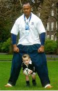 21 February 2025; (EDITORS NOTE: FILE PHOTO 16/01/2003) The late New Zealand rugby great Jonah Lomu with a then four-year-old Dan Sheehan, who will captain Ireland against Wales in the Guinness Six Nations Rugby Championship this weekend, at the launch of the Ballygowan one litre Sports Pack in St. Stephen's Green, Dublin. Photo by Pat Murphy/Sportsfile