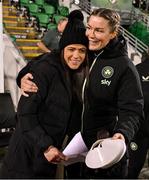 21 February 2025; Former Republic of Ireland international Áine O'Gorman, left, and Republic of Ireland goalkeeping coach Emma Byrne before the UEFA Women's Nations League B match between Republic of Ireland and Turkiye at Tallaght Stadium in Dublin. Photo by Stephen McCarthy/Sportsfile