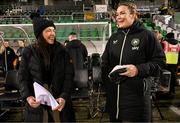 21 February 2025; Former Republic of Ireland international Áine O'Gorman, left, and Republic of Ireland goalkeeping coach Emma Byrne before the UEFA Women's Nations League B match between Republic of Ireland and Turkiye at Tallaght Stadium in Dublin. Photo by Stephen McCarthy/Sportsfile