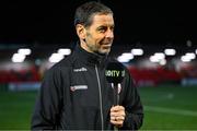 21 February 2025; Derry City manager Tiernan Lynch is interviewed by LOI TV before the SSE Airtricity Men's Premier Division match between Derry City and Bohemians at The Ryan McBride Brandywell Stadium in Derry. Photo by Shauna Clinton/Sportsfile