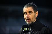 21 February 2025; Derry City manager Tiernan Lynch is interviewed by LOI TV before the SSE Airtricity Men's Premier Division match between Derry City and Bohemians at The Ryan McBride Brandywell Stadium in Derry. Photo by Shauna Clinton/Sportsfile