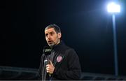 21 February 2025; Derry City manager Tiernan Lynch is interviewed by LOI TV before the SSE Airtricity Men's Premier Division match between Derry City and Bohemians at The Ryan McBride Brandywell Stadium in Derry. Photo by Shauna Clinton/Sportsfile