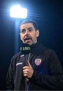 21 February 2025; Derry City manager Tiernan Lynch is interviewed by LOI TV before the SSE Airtricity Men's Premier Division match between Derry City and Bohemians at The Ryan McBride Brandywell Stadium in Derry. Photo by Shauna Clinton/Sportsfile