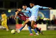 21 February 2025; Moses Dyer of Galway United in action against Romal Palmer, right, and Ryan McLaughlin of St Patrick's Athletic during the SSE Airtricity Men's Premier Division match between Galway United and St Patrick's Athletic at Eamonn Deacy Park in Galway. Photo by Piaras Ó Mídheach/Sportsfile