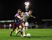 21 February 2025; Darragh Markey of Drogheda United in action against Reece Hutchinson of Sligo Rovers during the SSE Airtricity Men's Premier Division match between Drogheda United and Sligo Rovers at Sullivan & Lambe Park in Drogheda, Louth. Photo by Thomas Flinkow/Sportsfile