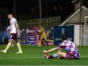 21 February 2025; Darragh Markey of Drogheda United reacts after having a shot on goal saved by Sligo Rovers goalkeeper Sam Sargeant during the SSE Airtricity Men's Premier Division match between Drogheda United and Sligo Rovers at Sullivan & Lambe Park in Drogheda, Louth. Photo by Thomas Flinkow/Sportsfile