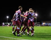 21 February 2025; Josh Thomas of Drogheda United, right, celebrates with teammates after scoring his side's first goal during the SSE Airtricity Men's Premier Division match between Drogheda United and Sligo Rovers at Sullivan & Lambe Park in Drogheda, Louth. Photo by Thomas Flinkow/Sportsfile