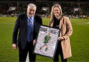 21 February 2025; Recently retired Republic of Ireland international Diane Caldwell is presented with a plaque by FAI President Paul Cooke during the UEFA Women's Nations League B match between Republic of Ireland and Turkiye at Tallaght Stadium in Dublin. Photo by Stephen McCarthy/Sportsfile