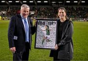 21 February 2025; Recently retired Republic of Ireland international Niamh Fahey is presented with a plaque by FAI President Paul Cooke during the UEFA Women's Nations League B match between Republic of Ireland and Turkiye at Tallaght Stadium in Dublin. Photo by Stephen McCarthy/Sportsfile