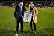 21 February 2025; Recently retired Republic of Ireland international Diane Caldwell is presented with a plaque by FAI President Paul Cooke during the UEFA Women's Nations League B match between Republic of Ireland and Turkiye at Tallaght Stadium in Dublin. Photo by Stephen McCarthy/Sportsfile