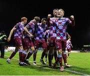 21 February 2025; Josh Thomas of Drogheda United, right, celebrates with teammates after scoring his side's first goal during the SSE Airtricity Men's Premier Division match between Drogheda United and Sligo Rovers at Sullivan & Lambe Park in Drogheda, Louth. Photo by Thomas Flinkow/Sportsfile