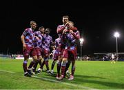 21 February 2025; Josh Thomas of Drogheda United, right, celebrates with teammates after scoring his side's first goal during the SSE Airtricity Men's Premier Division match between Drogheda United and Sligo Rovers at Sullivan & Lambe Park in Drogheda, Louth. Photo by Thomas Flinkow/Sportsfile