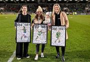 21 February 2025; Recently retired Republic of Ireland internationals, from left, Niamh Fahey Julie-Ann Russell and her daughter Rosie and Diane Caldwell during the UEFA Women's Nations League B match between Republic of Ireland and Turkiye at Tallaght Stadium in Dublin. Photo by Stephen McCarthy/Sportsfile