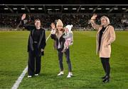 21 February 2025; Recently retired Republic of Ireland internationals, from left, Niamh Fahey, Julie-Ann Russell and her daughter Rosie and Diane Caldwell during the UEFA Women's Nations League B match between Republic of Ireland and Turkiye at Tallaght Stadium in Dublin. Photo by Stephen McCarthy/Sportsfile