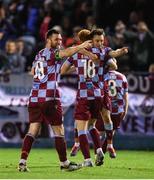 21 February 2025; Darragh Markey of Drogheda United, right, celebrates with teammates, from left, Ryan Brennan and James Bolger after scoring his side's second goal during the SSE Airtricity Men's Premier Division match between Drogheda United and Sligo Rovers at Sullivan & Lambe Park in Drogheda, Louth. Photo by Thomas Flinkow/Sportsfile