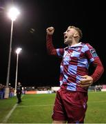 21 February 2025; Josh Thomas of Drogheda United celebrates after their side's victory in the SSE Airtricity Men's Premier Division match between Drogheda United and Sligo Rovers at Sullivan & Lambe Park in Drogheda, Louth. Photo by Thomas Flinkow/Sportsfile