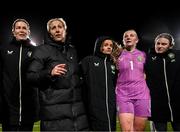 21 February 2025; Republic of Ireland head coach Carla Ward, second from left, with from left, Republic of Ireland goalkeeping coach Emma Byrne, Leanne Kiernan, goalkeeper Courtney Brosnan and Melisa Filis after the UEFA Women's Nations League B match between Republic of Ireland and Turkiye at Tallaght Stadium in Dublin. Photo by Stephen McCarthy/Sportsfile