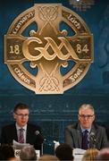 21 February 2025; Ard Stiúrthóir of the GAA Tom Ryan, left, and Uachtarán Chumann Lúthchleas Gael Jarlath Burns during day one of the GAA Congress at The Abbey Hotel in Donegal. Photo by Ramsey Cardy/Sportsfile