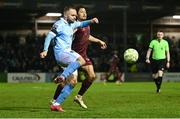 21 February 2025; Ryan McLaughlin of St Patrick's Athletic in action against Moses Dyer of Galway United during the SSE Airtricity Men's Premier Division match between Galway United and St Patrick's Athletic at Eamonn Deacy Park in Galway. Photo by Piaras Ó Mídheach/Sportsfile