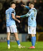 21 February 2025; Joe Redmond, left, and Ryan McLaughlin of St Patrick's Athletic during the SSE Airtricity Men's Premier Division match between Galway United and St Patrick's Athletic at Eamonn Deacy Park in Galway. Photo by Piaras Ó Mídheach/Sportsfile