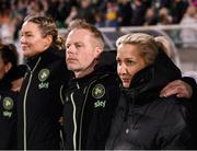21 February 2025; Republic of Ireland head coach Carla Ward with assistant head coach Alan Mahon and goalkeeping coach Emma Byrne, left, before the UEFA Women's Nations League B match between Republic of Ireland and Turkiye at Tallaght Stadium in Dublin. Photo by Stephen McCarthy/Sportsfile