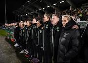 21 February 2025; Republic of Ireland head coach Carla Ward, with coaches, from right, assistant head coach Alan Mahon, goalkeeping coach Emma Byrne and assistant coach Amber Whiteley before the UEFA Women's Nations League B match between Republic of Ireland and Turkiye at Tallaght Stadium in Dublin. Photo by Stephen McCarthy/Sportsfile