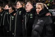 21 February 2025; Republic of Ireland head coach Carla Ward, right, with coaches, from right, assistant head coach Alan Mahon, goalkeeping coach Emma Byrne and assistant coach Amber Whiteley before the UEFA Women's Nations League B match between Republic of Ireland and Turkiye at Tallaght Stadium in Dublin. Photo by Stephen McCarthy/Sportsfile
