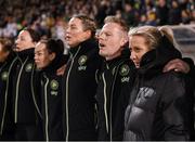 21 February 2025; Republic of Ireland head coach Carla Ward, right, with coaches, from right, assistant head coach Alan Mahon, goalkeeping coach Emma Byrne and assistant coach Amber Whiteley; and physiotherapist Angela Kenneally before the UEFA Women's Nations League B match between Republic of Ireland and Turkiye at Tallaght Stadium in Dublin. Photo by Stephen McCarthy/Sportsfile