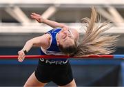 22 February 2025; Sommer Lecky of Finn Valley AC, Donegal, competes in the women's High Jump during day one of the 123.ie National Senior Indoor Championships at the National Indoor Arena on the Sport Ireland Campus in Dublin. Photo by Sam Barnes/Sportsfile