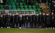 21 February 2025; Republic of Ireland staff, from left, STATSports analyst Claire Dunne, equipment officer Barry Sanfey, team operations coordinator Denise McElhinney, masseuse Kieran Hunt, performance nutritionist Olivia Patel, masseuse Debbie Lester, team operations manager Jennifer Willmott, performance coach Ivi Casagrande, physiotherapist Susie Coffey, team doctor Siobhan Forman, physiotherapist Angela Kenneally, assistant coach Amber Whiteley, goalkeeping coach Emma Byrne, assistant head coach Alan Mahon, head coach Carla Ward and performance analyst Jackson Huxley stand for the national anthem during the UEFA Women's Nations League B match between Republic of Ireland and Turkiye at Tallaght Stadium in Dublin. Photo by Sam Barnes/Sportsfile