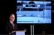 22 February 2025; Uachtarán Chumann Lúthchleas Gael Jarlath Burns speaking on Casement Park during day two of the GAA Congress at The Abbey Hotel in Donegal. Photo by Ramsey Cardy/Sportsfile