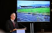 22 February 2025; Uachtarán Chumann Lúthchleas Gael Jarlath Burns speaking on Casement Park during day two of the GAA Congress at The Abbey Hotel in Donegal. Photo by Ramsey Cardy/Sportsfile