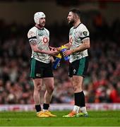 22 February 2025; Mack Hansen, left, and Robbie Henshaw of Ireland during the Guinness Six Nations Rugby Championship match between Wales and Ireland at the Principality Stadium in Cardiff, Wales. Photo by Ben McShane/Sportsfile