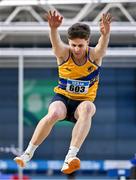 22 February 2025; Darragh Fahy of Loughrea AC, Galway, competes in the men's triple jump during day one of the 123.ie National Senior Indoor Championships at the National Indoor Arena on the Sport Ireland Campus in Dublin. Photo by Sam Barnes/Sportsfile
