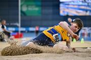 22 February 2025; Darragh Fahy of Loughrea AC, Galway, competes in the men's triple jump during day one of the 123.ie National Senior Indoor Championships at the National Indoor Arena on the Sport Ireland Campus in Dublin. Photo by Sam Barnes/Sportsfile
