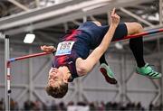 22 February 2025; Ciaran Connolly of Le Chéile AC, Kildare, on his way to winning the men's high jump during day one of the 123.ie National Senior Indoor Championships at the National Indoor Arena on the Sport Ireland Campus in Dublin. Photo by Sam Barnes/Sportsfile