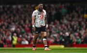 22 February 2025; Bundee Aki of Ireland during the Guinness Six Nations Rugby Championship match between Wales and Ireland at the Principality Stadium in Cardiff, Wales. Photo by Ben McShane/Sportsfile
