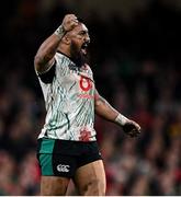 22 February 2025; Bundee Aki of Ireland celebrates winning a penalty during the Guinness Six Nations Rugby Championship match between Wales and Ireland at the Principality Stadium in Cardiff, Wales. Photo by Seb Daly/Sportsfile