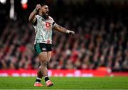 22 February 2025; Bundee Aki of Ireland celebrates winning a penalty during the Guinness Six Nations Rugby Championship match between Wales and Ireland at the Principality Stadium in Cardiff, Wales. Photo by Seb Daly/Sportsfile