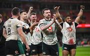 22 February 2025; Mack Hansen of Ireland, centre, and team-mates after the Guinness Six Nations Rugby Championship match between Wales and Ireland at the Principality Stadium in Cardiff, Wales. Photo by Seb Daly/Sportsfile