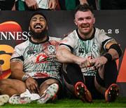 22 February 2025; Ireland players Bundee Aki, left, and Peter O’Mahony after the Guinness Six Nations Rugby Championship match between Wales and Ireland at the Principality Stadium in Cardiff, Wales. Photo by Seb Daly/Sportsfile