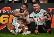 22 February 2025; Ireland players Bundee Aki, left, and Peter O’Mahony after the Guinness Six Nations Rugby Championship match between Wales and Ireland at the Principality Stadium in Cardiff, Wales. Photo by Seb Daly/Sportsfile