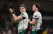 22 February 2025; Josh van der Flier, left, and Ryan Baird of Ireland after the Guinness Six Nations Rugby Championship match between Wales and Ireland at the Principality Stadium in Cardiff, Wales. Photo by Ben McShane/Sportsfile