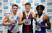 22 February 2025; Men's high jump medallists, Ciaran Connolly of Le Chéile AC, Kildare, gold, centre, Lorcan Murphy of Dundrum South Dublin AC, silver, left, and Emmanuel Osas of Ratoath AC, Meath, bronze, right, during day one of the 123.ie National Senior Indoor Championships at the National Indoor Arena on the Sport Ireland Campus in Dublin. Photo by Sam Barnes/Sportsfile