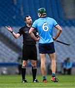 22 February 2025; Referee Colum Cunning in conversation with Chris Crummey of Dublin during the Allianz Hurling League Division 1B match between Dublin and Offaly at Croke Park in Dublin. Photo by Piaras Ó Mídheach/Sportsfile