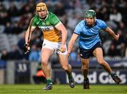 22 February 2025; Cillian Kiely of Offaly in action against Chris Crummey of Dublin during the Allianz Hurling League Division 1B match between Dublin and Offaly at Croke Park in Dublin. Photo by Piaras Ó Mídheach/Sportsfile